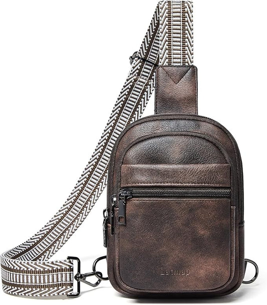 3L SMALL Sling Bag Fanny Packs For Women Men Mini Crossbody Chest Belt Travel Bag Purse Handbag Faux Leather Fashion Cute Coffee Color