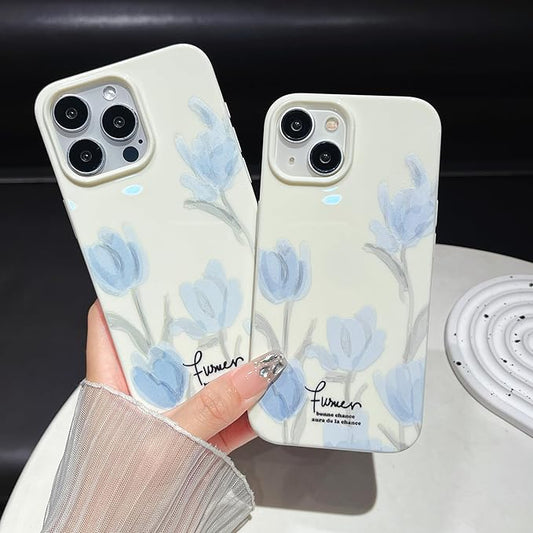 Artistic Blue Tulip Flower Soft Designed for iPhone Case (Beige,for iPhone 14)