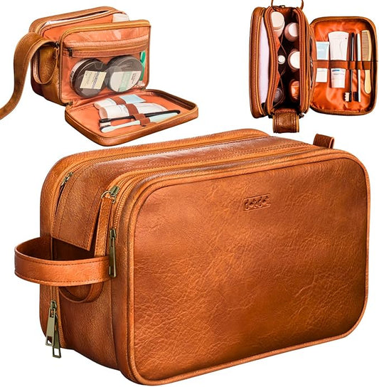 Dot&Dot Leather Toiletry Bag for Men Women - Spacious Womens Mens Toiletry Travel Bag, Large Travel Toiletries Bags (Rugged Brown, Large)
