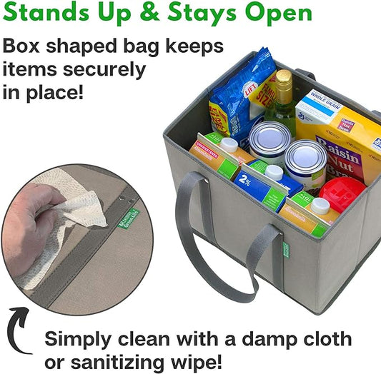 Creative Green Life Reusable Grocery Bags (3 Pack) – Heavy Duty Reusable Shopping Bags with Box Shape to Stand Up, Stay Open, Fold Flat – Large Tote Bags with Long Handles & Reinforced Bottom (Gray)