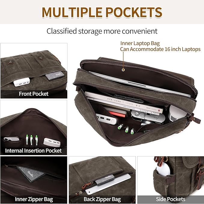 Messenger Bag for Men 15.6 Inch Vintage Canvas Genuine Leather Briefcase for Men Laptop Bag Satchel Shoulder Bag