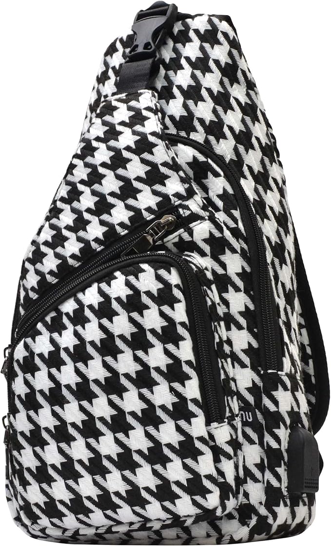 Anti-Theft Daypack Crossbody Sling Backpack, USB Charging, Lightweight Day Pack for Travel, Hiking, Everyday, Large, Houndstooth