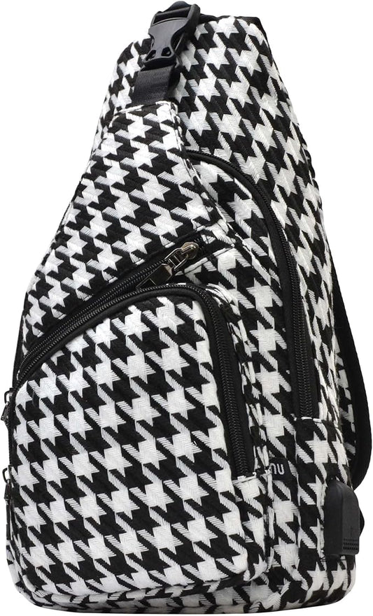 Anti-Theft Daypack Crossbody Sling Backpack, USB Charging, Lightweight Day Pack for Travel, Hiking, Everyday, Large, Houndstooth