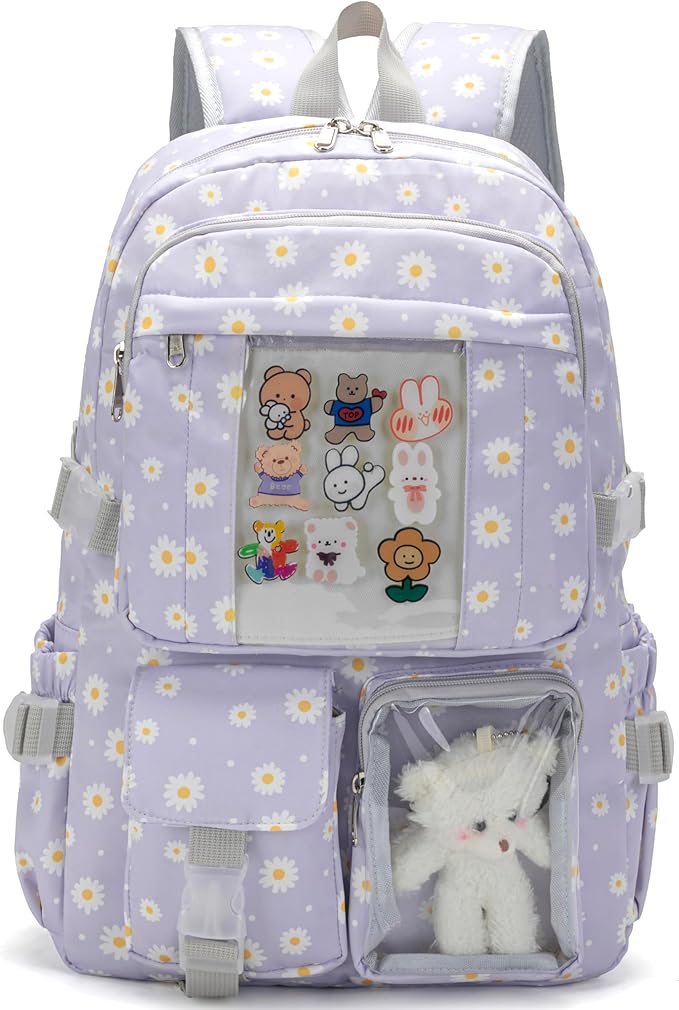 Kawaii Backpack for Teen Girls, Cute Aesthetic High Middle School College Bookbag with Accessories, Grey Flower