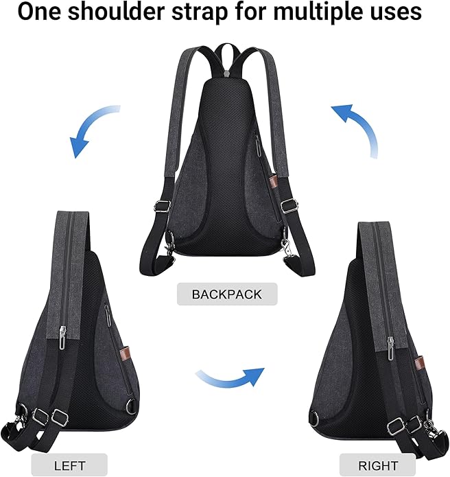 WITZMAN Canvas Sling Bag for Men Women Convertible Sling Backpack Crossbody Vintage Chest Bag Travel Casual Daypack（A8003 Black）