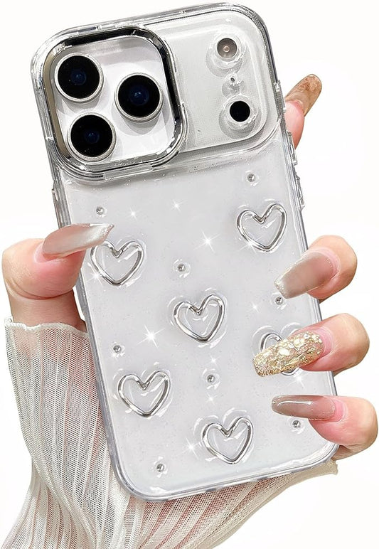 EYZUTAK Case for iPhone 17 Pro, Bling Glitter 3D Hearts Phone Case Cute Sparkly Crystal Clear Heart Aesthetic Design Cover Slim Soft Durable TPU Transparent Protective Cover for Women Girls - Heart