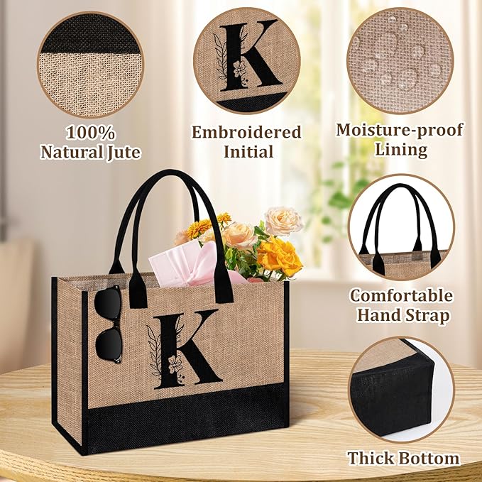 AYGE Personalized Initial Jute Tote Bag & Makeup Bag, Beach Bag, Monogrammed Birthday Gifts for Women Sister Mom Bridesmaid