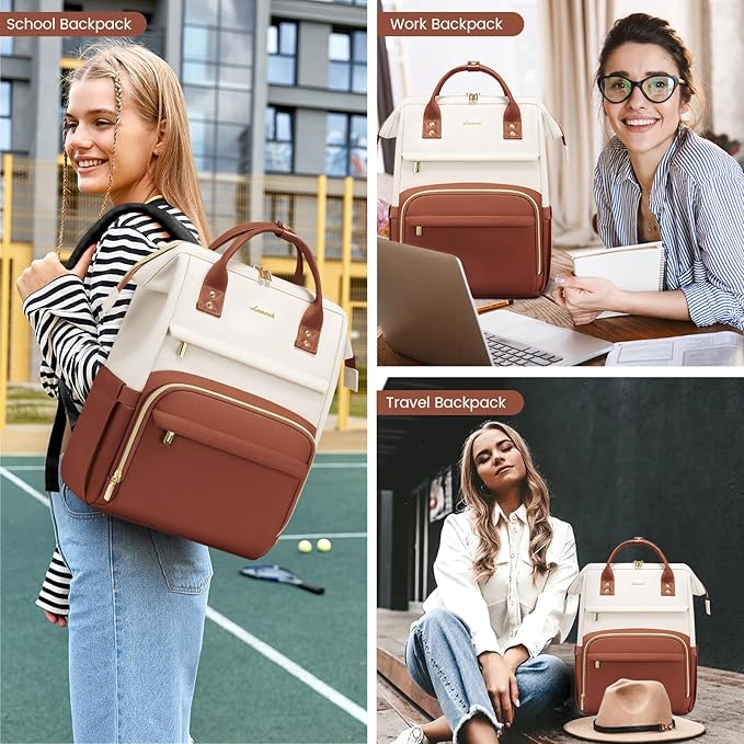 LOVEVOOK Leather Backpack for Women,18 inch Leather Laptop Backpack Women,Professional Work Backpack Nurse College Teacher Bag,Womens Laptop Tote Bag Computer Travel Backpack Purse,Beige White-Brown