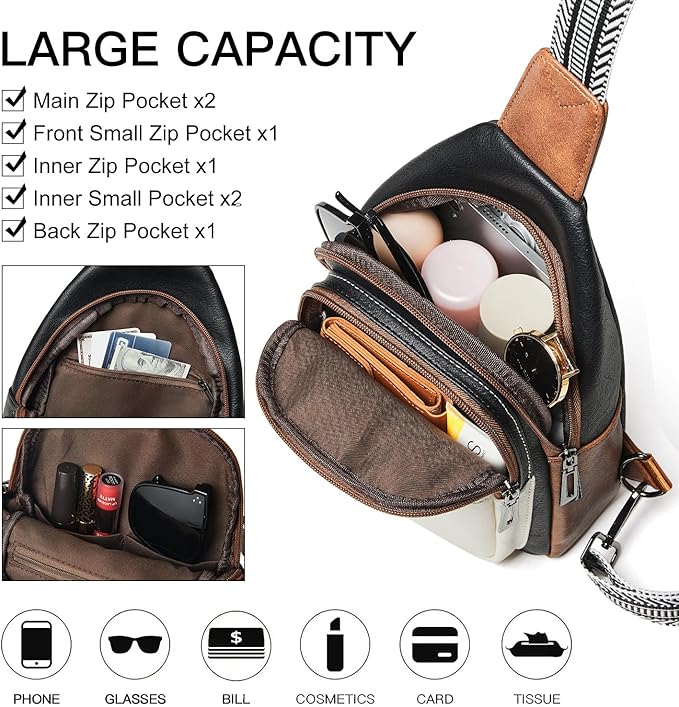 7L Sling Bag for Women Men Crossbody Belt Bag Small Travel Sling Backpack Anti Theft Chest Daypack Purse Faux Leather