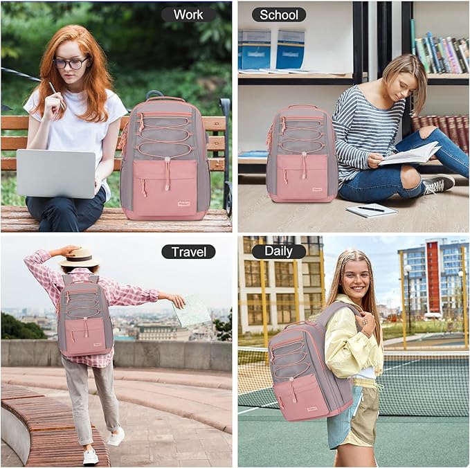 School Backpack for Teens Girls, Aesthetic College Backpack Large Bookbag for Women Students Fashion 15.6 Inch Laptop Bag for Work Travel (Pink & Grey)