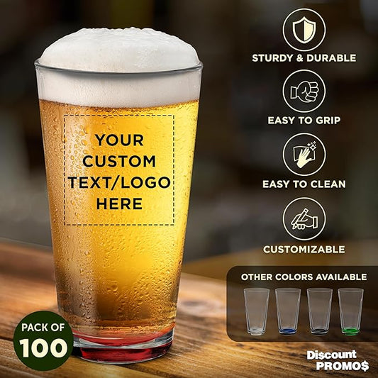 Custom Casale Pint Glass 16 oz. Set of 100, Personalized Bulk Pack - Beer Glasses, Heavy Duty Drinkware - Red