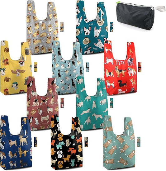 BeeGreen Reusable Grocery Bags Bulk Gifts 10-Pack - Large Tote with Zipper Pouch | Foldable & Washable Polyester Shopping Bags Heavy Duty Animal Lover Gifts Reusable Bag With Handles