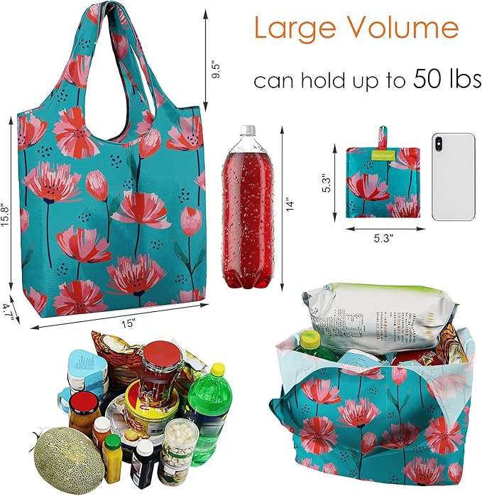 BeeGreen Reusable Grocery Bags 6 Pack, Heavy Duty Totes for Women, Foldable Grocery Bag Large Shopping Totes with Handles for Work, Travel, Gift, Store, Polyester Washable Reusable Tote Bag