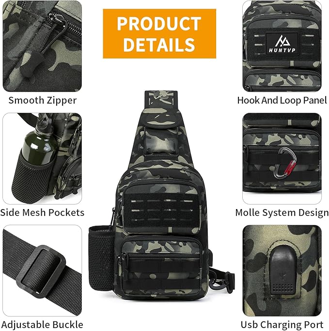 HUNTVP Tactical Sling Bag Crossbody Bag for Men Women EDC Shoulder Bags Molle Sling Backpack Chest Pack for Hiking Hunting Travelling Camping (Type3-Camo)