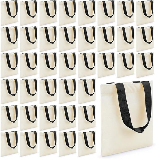 Amylove 48 Pcs Mini Tote Bag Sublimation Blank Canvas Tote Bags Reusable Grocery Luggage DIY Sack Goody for Party Even (8.5 x 8 Inch,Beige with Black Handle)