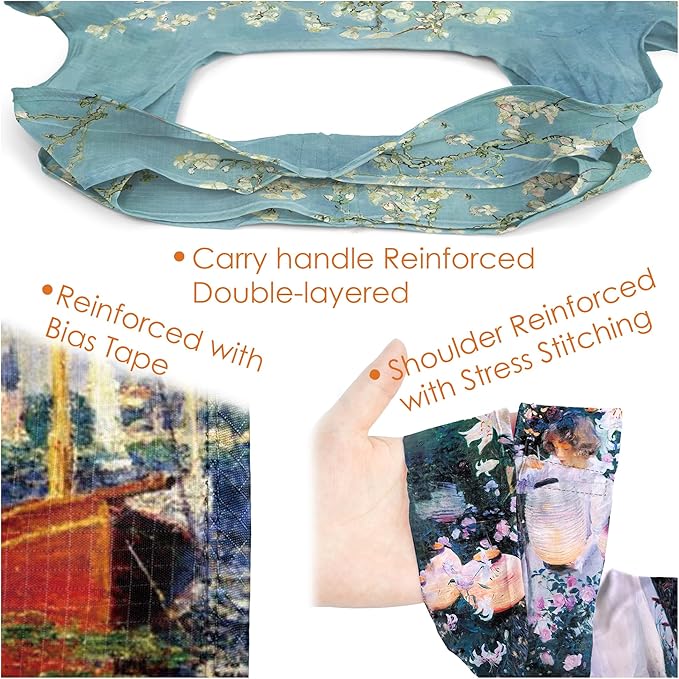 BeeGreen Oil Painting Reusable Grocery Bags 6 Pack, Heavy Duty Totes for Women, Foldable Grocery Bag Large Shopping Totes with Handles for Work, Travel, Gift, Polyester Washable Reusable Tote Bag