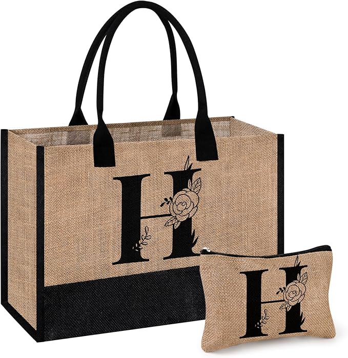 AYGE Personalized Initial Jute Tote Bag & Makeup Bag, Beach Bag, Monogrammed Birthday Gifts for Women Sister Mom Bridesmaid