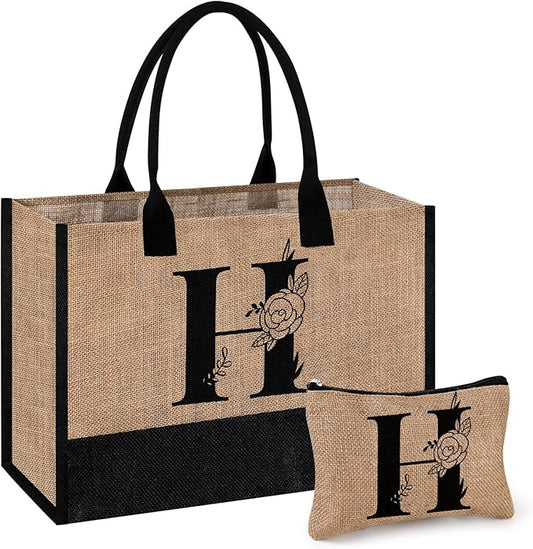 AYGE Personalized Initial Jute Tote Bag & Makeup Bag, Beach Bag, Monogrammed Birthday Gifts for Women Sister Mom Bridesmaid