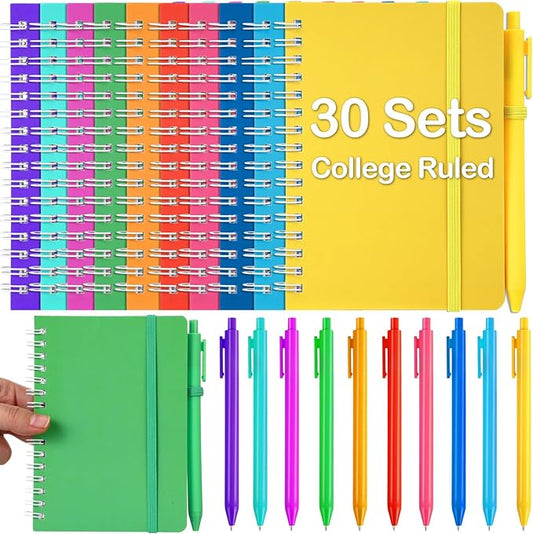 Fulmoon 30 Set A6 Spiral Notebook with Ballpoint Pen in 10 Colors 50 Sheets, 4" x 6" Bulk Ruled Small Notebooks Journals for Back to School Supplies Students Gifts Office Coworkers (Candy Brights)