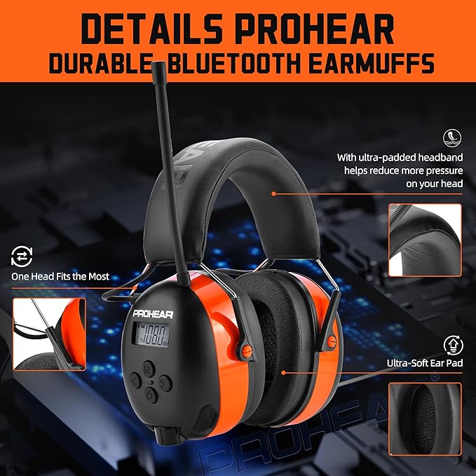 PROHEAR 033 2.0 Upgraded Bluetooth Hearing Protection AM FM Radio Headphones - 31SNR Noise Reduction Ear Muffs with Long-Lasting Stable Rechargeable Battery - 50 Hrs for Mowing Snowblowing - Orange