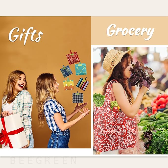 BeeGreen Reusable Grocery Bags Geometry Design - Pack of 6 Foldable Totes for Women with Pouch,X-Large 50lbs Capacity Machine Washable Polyester Sturdy Shopping Bags for Women Travel Shopping