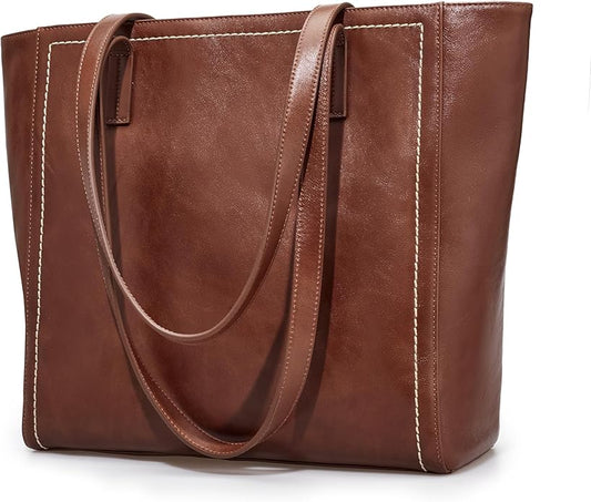 befen Vintage Genuine Leather Work Tote Bag for Women Large Tote Bag with Zipper Leather Purse and Handbags with Compartment