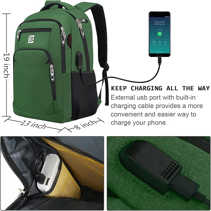 Laptop Backpack,Business Travel Anti Theft Slim Durable Laptops Backpack with USB Charging Port,Water Resistant College Computer Bag for Women & Men Fits 15.6 Inch Laptop and Notebook-Green