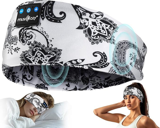 MUSICOZY Sleep Headphones Bluetooth Headband 5.4 Wireless Headband Headphones for Sleeping for Side Sleeper with Ultra-Thin HD Stero Speaker for Workout (White Flower)