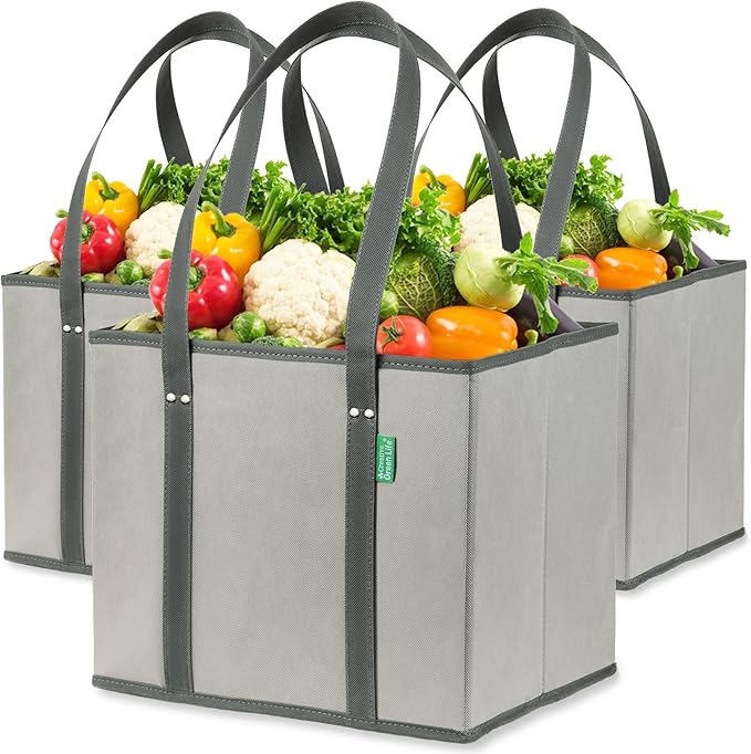 Creative Green Life Reusable Grocery Bags (3 Pack) – Heavy Duty Reusable Shopping Bags with Box Shape to Stand Up, Stay Open, Fold Flat – Large Tote Bags with Long Handles & Reinforced Bottom (Gray)