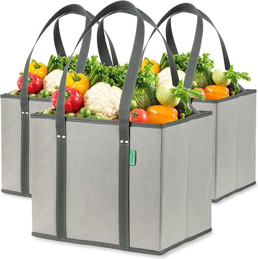 Creative Green Life Reusable Grocery Bags (3 Pack) – Heavy Duty Reusable Shopping Bags with Box Shape to Stand Up, Stay Open, Fold Flat – Large Tote Bags with Long Handles & Reinforced Bottom (Gray)