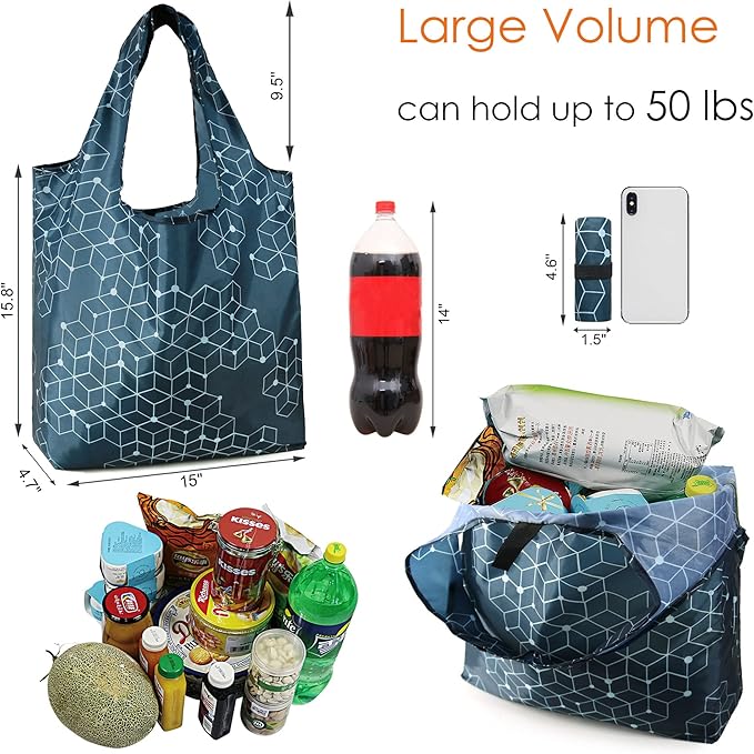 BeeGreen Geometry Reusable Grocery Bags Bulk 6 Packs X-Large, Reusable Shopping Bags Foldable for Groceries, Vegetables, Fruits Watertight Bulk Tote Bags Washable For Women and Men