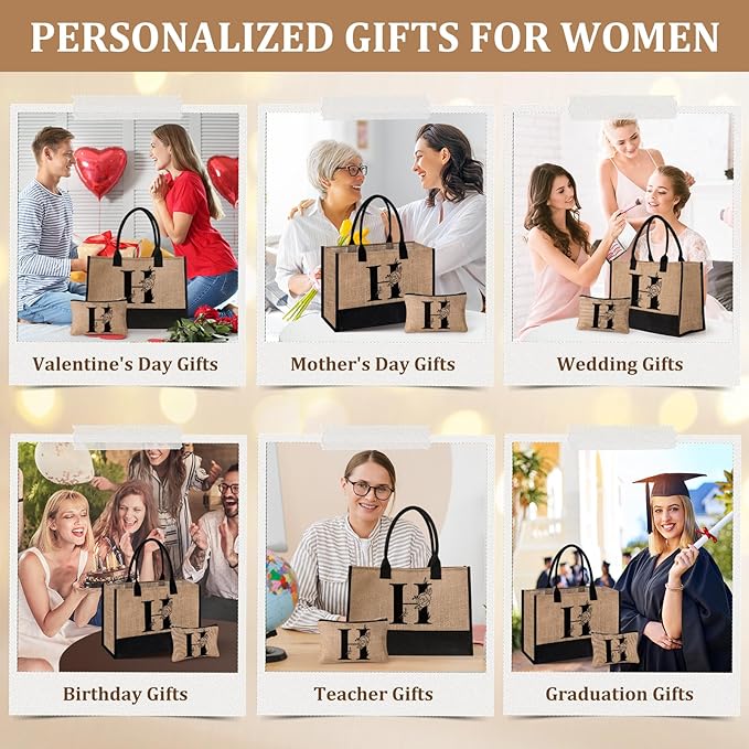AYGE Personalized Initial Jute Tote Bag & Makeup Bag, Beach Bag, Monogrammed Birthday Gifts for Women Sister Mom Bridesmaid