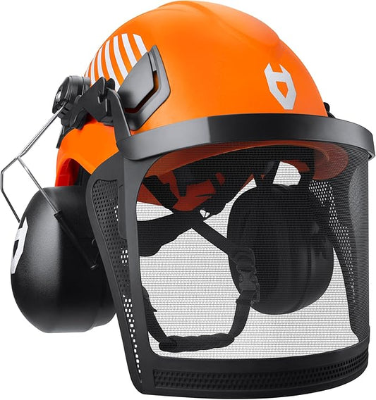 NoCry ANSI Z89.1 Rated Arborist Helmet — Chainsaw Helmet with Face Shield and Ear Muffs — Adjustable Hard Hat with Adaptive Ventilation; Impact-Resistant Mesh Face Shield for Forestry with Side Guards