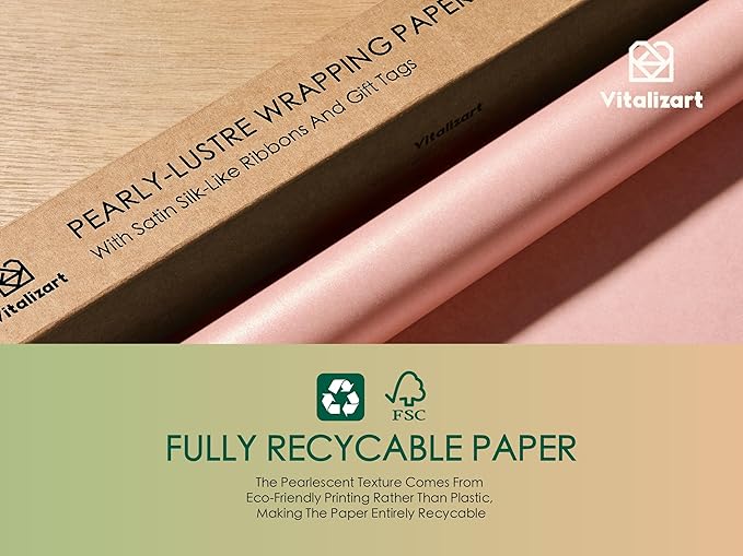 Vitalizart Pink Wrapping Paper Set 30" Pearly-Lustre With Silk Like Satin Ribbon & Gift Tags Recyclable Eco-Friendly Christmas Gift Wrapping Birthday Baby Shower Wedding Handmade Crafts 197"(16.4 Ft)
