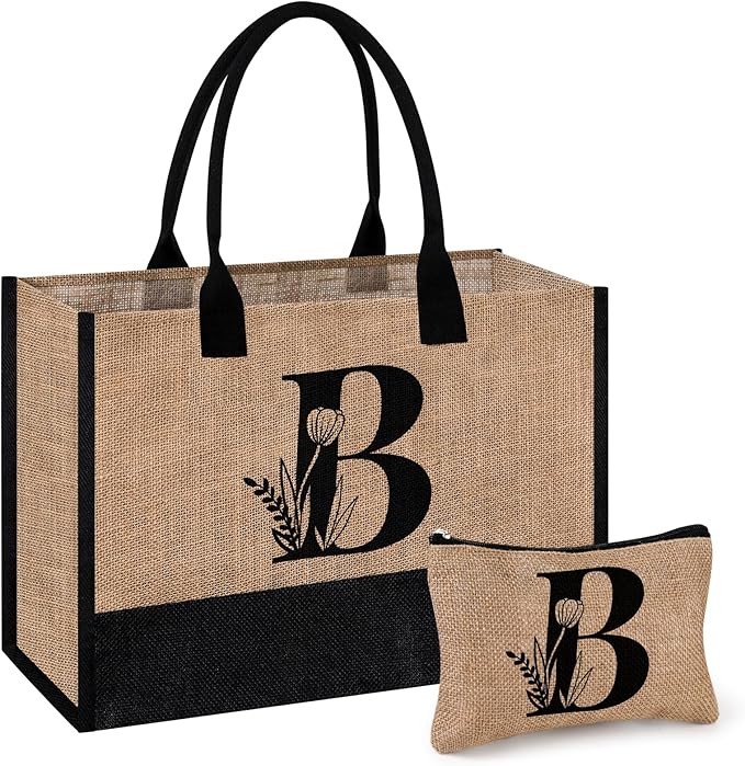 AYGE Personalized Initial Jute Tote Bag & Makeup Bag, Beach Bag, Monogrammed Birthday Gifts for Women Sister Mom Bridesmaid