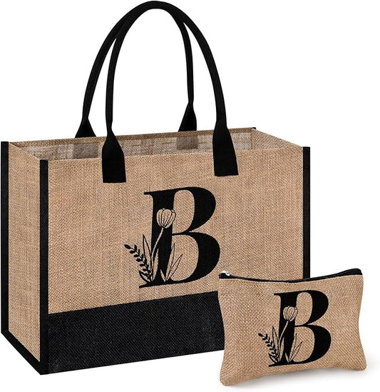 AYGE Personalized Initial Jute Tote Bag & Makeup Bag, Beach Bag, Monogrammed Birthday Gifts for Women Sister Mom Bridesmaid