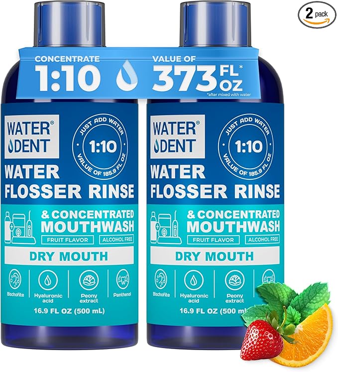 Concentrated Irrigant, Dry Mouth | Add to Water Flossers | Mild Mint & Fruit Flavor |1:10 = 186 fl.oz | Alcohol Free, Fluoride Free. Made in USA (PACK OF 2)