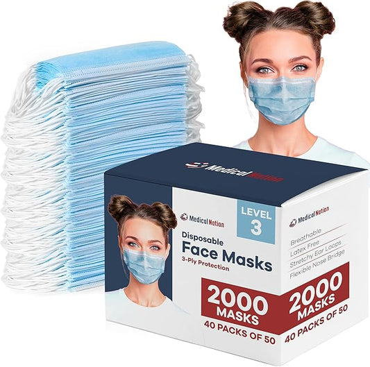 2000 Pcs Blue Disposable Face Masks - Level 3 | Bulk 3 Ply Facemask Pack - Soft Breathable Latex Free Non-Woven Dust Mask with Flexible Nose Bridge & Stretchy Ear Loops (40 Packs x 50)
