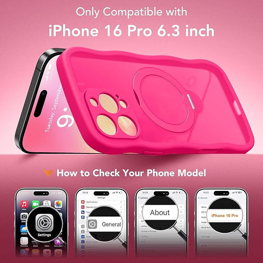 GolbinBox for iPhone 16 Pro Case for Women,[Compatible with Magsafe][360° Spin Magnetic Stand][Cute Wave Edge][Military-Grade Protection] Translucent Matte Phone Case for iPhone 16 Pro, Hot Pink