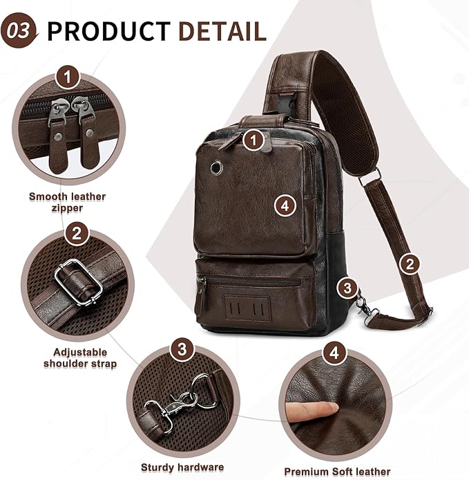 Vintage PU Leather Sling Backpack for Men, Crossbody Bag, Adjustable Shoulder Strap, Compact Backpack for Travel, Daily Use, and Gift, Dark Brown