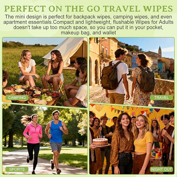 twoworld Flushable Wipes Travel Size Individually Wrapped for Women and Men,Unscented Wet Wipes Travel Size for Adult,Women,Men,Girl and Homeless (green,pack of 50)