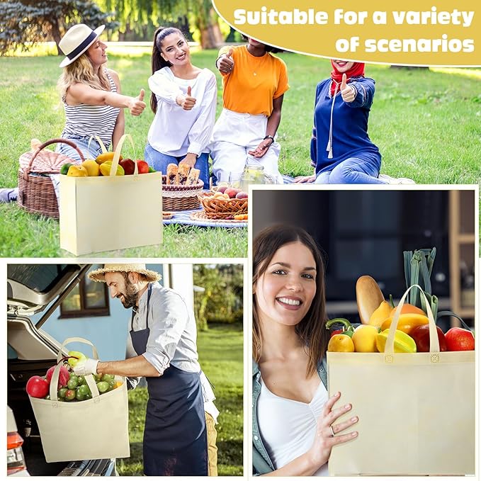 Windyun Reusable Grocery Bags Large Non Woven Shopping Bags with Handles Foldable Portable Tote Bulk, 16x6x12 Inch