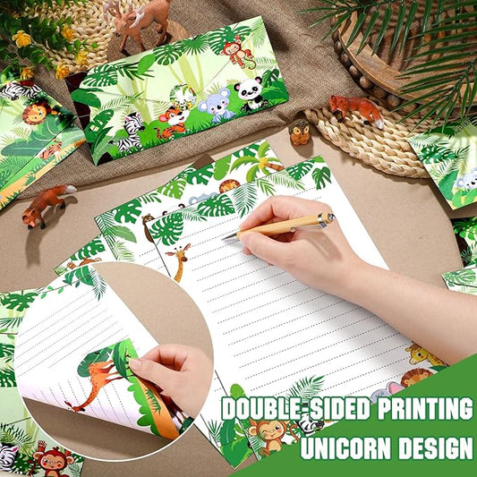 TaoBary 160 Packs Stationery Paper Set (50 Double Sided Stationery Writing Papers 50 Matching Envelopes) 60 Round Dot Sticker, 10 Design(Safari Animal,8.5 x 11 Inch)