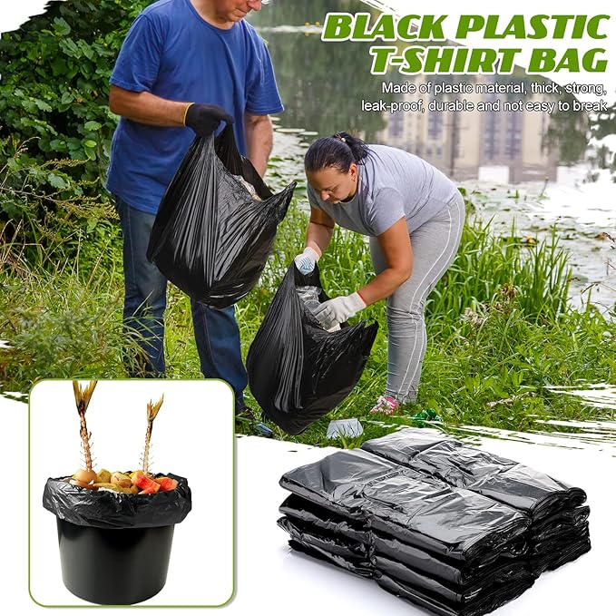 Kisston 400 Count Jumbo Size Plastic T Shirt Bags with Handles, 35 Mic, XX Large Plain Plastic T Shirt Grocery Bags, Thick and Heavy Duty (Black,20" x 12")