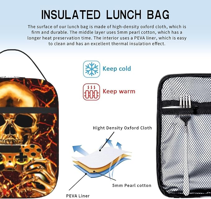 Video Game Lunch Box Skull Fire Cooler Insulated Reusable Portable Box Waterproof Leakproof Lunchbox for Boys Girls Kids Picnic Hiking Beach Travel Office