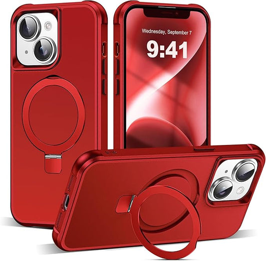 Compatible with iPhone 14 Plus Case with Invisible Magnetic O-Ring Stand Military-Grade Case for iPhone 14 Plus 6.7" [Compatible with Mag-Safe][Great Grip Feeling], Red