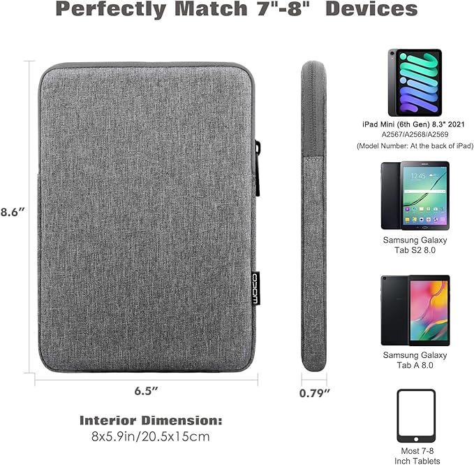 MoKo 7-8 Inch Tablet Sleeve Bag, Polyester Pouch Cover Case Fits iPad Mini (A17 Pro) 8.3" 2024, iPad Mini 6/5/4/3/2/1, Samsung Galaxy Tab S2 8.0, Tab A 8.0, ZenPad Z8s 7.9,Light Gray