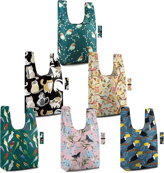 BeeGreen Reusable Grocery Bags 6 Pack - Foldable, Heavy Duty Shopping Tote Bags with Zipper Pouch, Large Capacity (50+ Lbs), Animal Prints Designs for Women & Men, Machine Washable