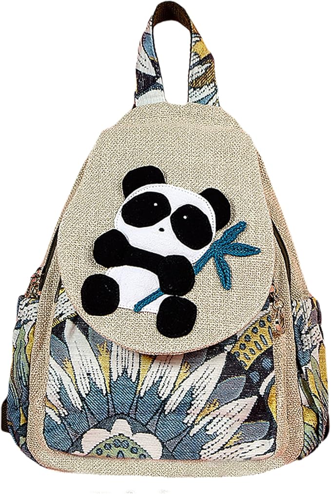 HUANGGUOSHU Women Cotton Woven Bohemian Hemp Boho Canvas Embroidery Multi Pocket Retro Cute Backpack Wallet Backpack Abstract Animal Motif