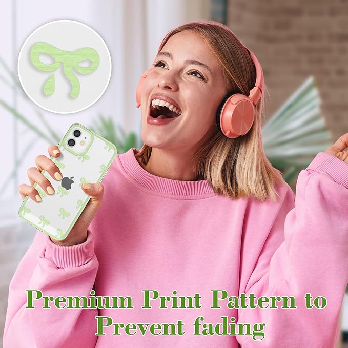 EYZUTAK Case for iPhone 12, Clear Cute Ribbon Bowknot Pattern Aesthetic Transparent Phone Case Raised Camera Protection Stylish Slim Soft Durable TPU Protective Cover for Women Girls - Green